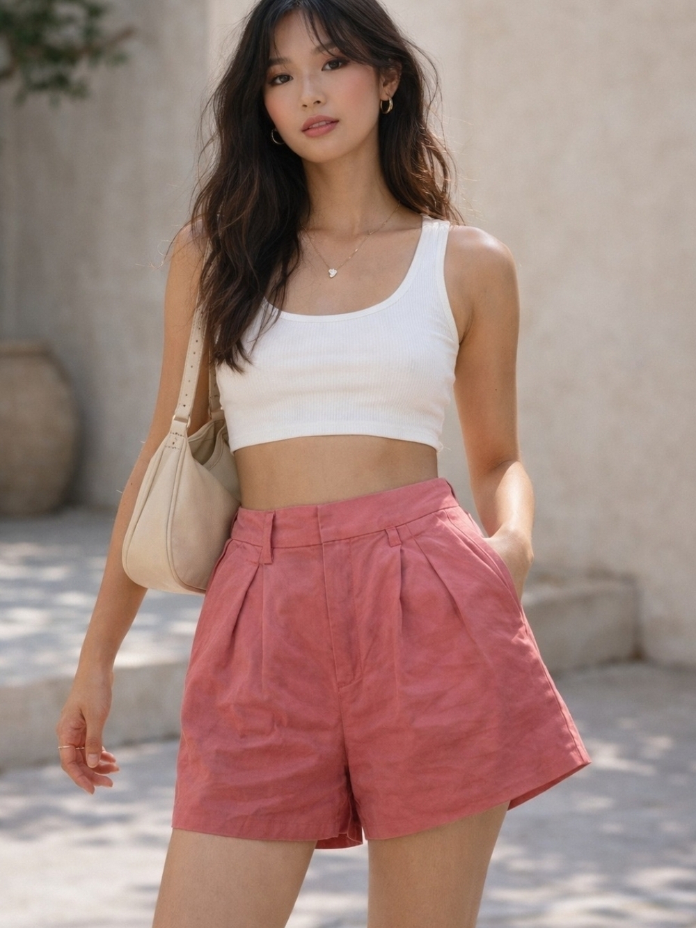PAIGE Coral Linen Shorts Plated High Waisted Summer Effortless Clean Girl